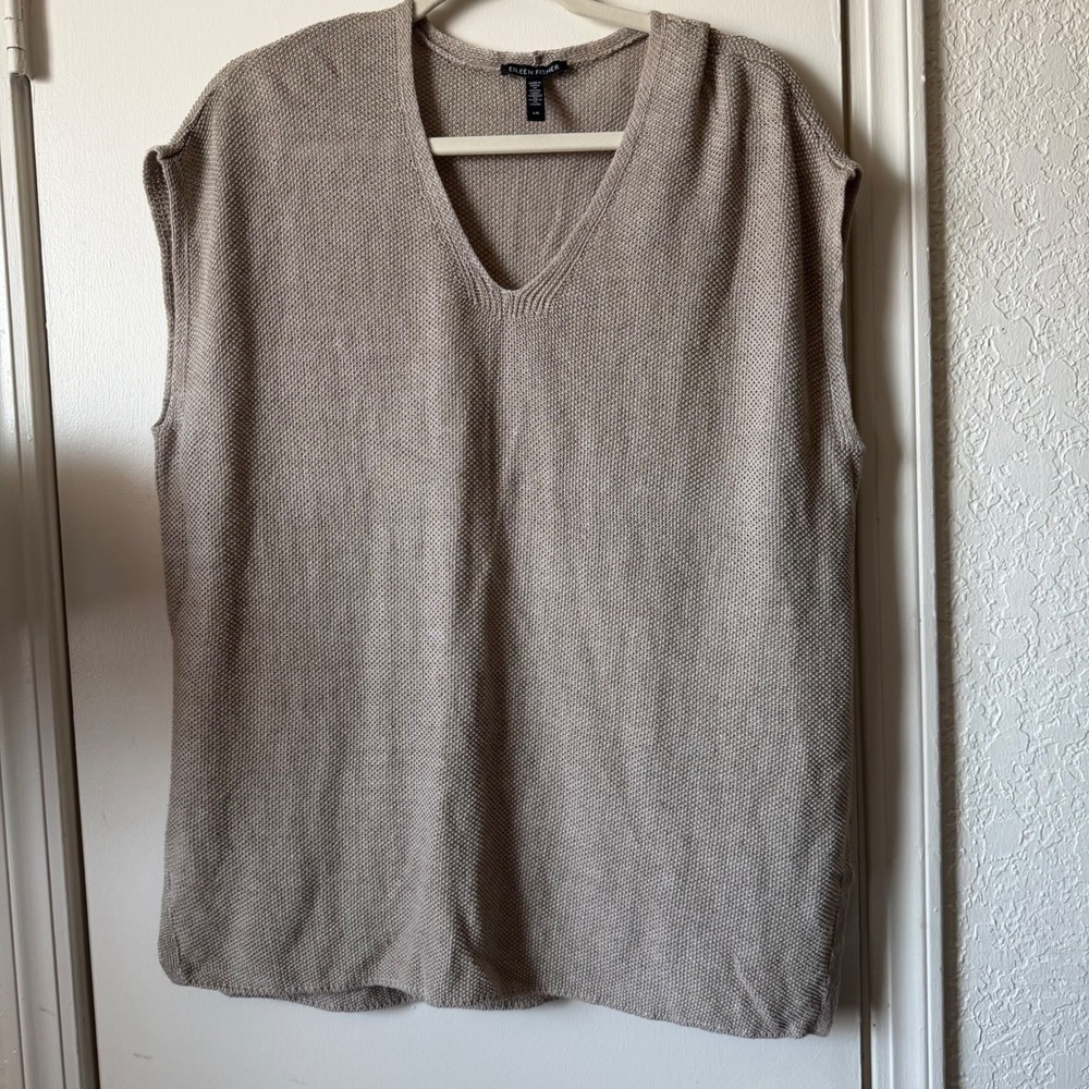 Eileen Fisher Organic Linen V-Neck Knit Vest Beige Taupe Italian Yarn Large L/G